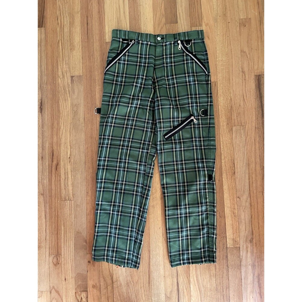 Vintage Y2K Morbid Threads Punk Rock Grunge Green Plaid Pants Size 34"x32"